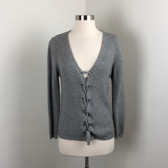 Windsor Sweaters - Windsor grey lace up knit sweater
